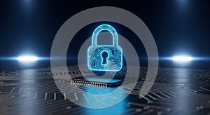 Cybersecurity Padlock Icon on CPU Microchip Background, Symbolizing Data Protection and Digital Security for Tech Users.