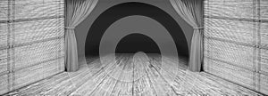 High Resolution B&W Rustic Wooden Theatrical Scenery with Side Folded Curtain and Darkened Empty Stage