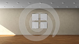 High resolution beige wall empty interior template with 4 white color square frame on front wall.