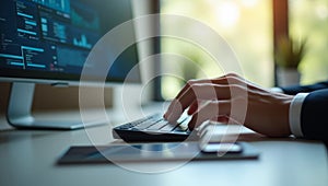 High-resolution close-up image of hands using a computer keyboard