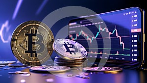 Bitcoin Coins and Smartphone with Cryptocurrency Trading Graphs â Futuristic Concept photo
