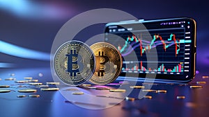 Bitcoin Coins and Smartphone with Cryptocurrency Trading Graphs â Futuristic Concept photo