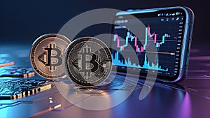 Bitcoin Coins and Smartphone with Cryptocurrency Trading Graphs â Futuristic Concept photo