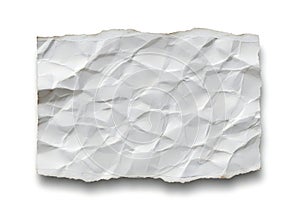 A high resolution close up of a rectangular piece of white crumpled paper isolated on a clean and solid white background surface