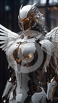 a close up of a robot with some sort of wing