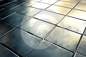 High-resolution close-up view of a patterned floor or wall made of square and rectangular modern metal tiles