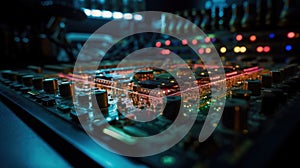 High-resolution closeup of electronic components on a computer board