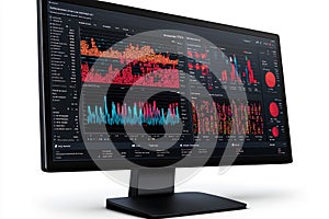 Computer monitor with dark mode dashboard displaying complex data visualizations and analytics