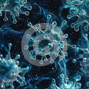 High-resolution 3D render of abstract virus particles in space