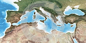 High resolution detailed map of Mediterranean region