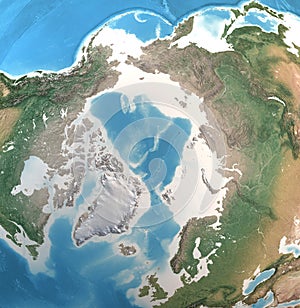 High resolution detailed map of North Pole, Arctic Ocean and Greenland
