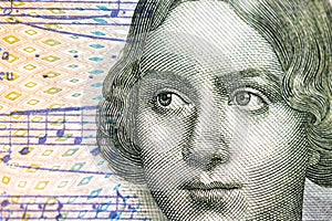 High resolution details of Jenny Lind, Swedish opera singer on 50 Swedish Krona banknote.
