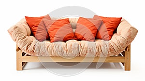 High Resolution Futon Sofa With Orange Pillows On White Background