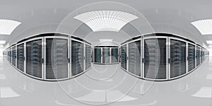 High resolution HDRI panoramic view of a server data room center. 360 panorama reflection mapping of a computer storage system