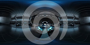 High resolution HDRI view of a dark blue futuristic landing strip spaceship interior. 360 panorama reflection mapping of a huge