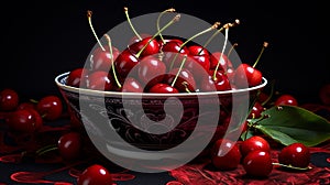 Big bowl of red cherries on dark background 2
