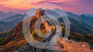 A stunning image of Big Great Wall of China at sunset,panoramic view.
