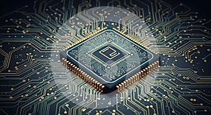 Advanced microchip resting on a futuristic circuit board