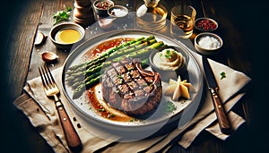 high-resolution image of a classic steak dinner featuring a medium-rare grilled ribeye steak with a golden crust,