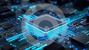 Concept CPU microchip for ai and data network. Close-up view of modern chip gpu card with circuit blue neon