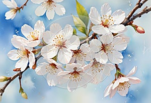 Springtime Elegance: Realistic Watercolor Painting of White Cherry Blossoms in Full Bloom\