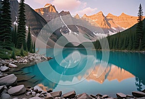 Dawn at Moraine Lake: Realistic Image of Sunrise in Banff National Park\'s Majestic Landscape photo