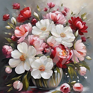 Floral Symphony: Realistic Oil Painting of Blooming Flowers photo