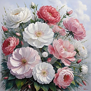 Ethereal Blooms: Realistic Oil Painting of Vibrant Flower Arrangement photo