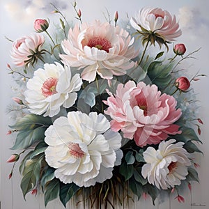 Petals in Harmony: Realistic Oil Painting of Blooming Flower Arrangement photo