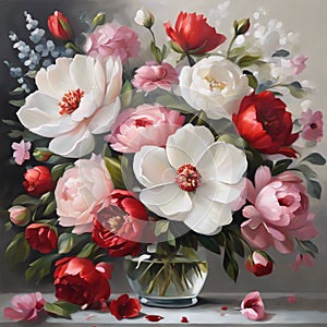 Harmonious Blossoms: Realistic Oil Painting of a Vibrant Floral Display photo