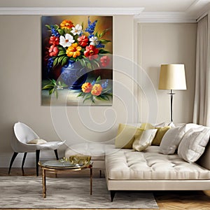 Refined Floral Elegance: Realistic Oil Painting of Blooming Flowers in a Luxurious Interior photo