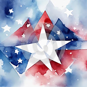 Patriotic Watercolor Painting with Red, White, and Blue Stars and Abstract Patterns for Independence Day photo
