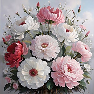 Floral Harmony: Realistic Oil Painting of a Blooming Flower Arrangement photo