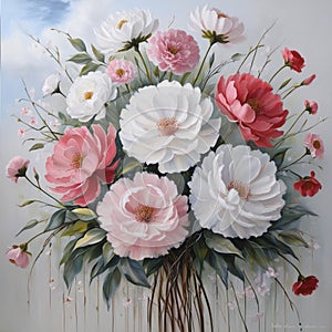 Floral Rhapsody: Realistic Oil Painting of Blooming Flowers in Pastel Hues photo