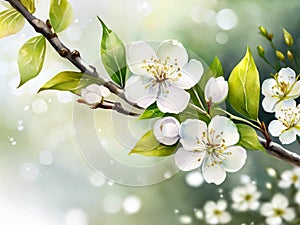 Tranquil Blossoms: Realistic Watercolor Painting of White Cherry Blossoms in Full Bloom photo