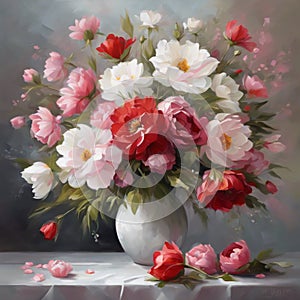 Tranquil Bloom: Realistic Oil Painting of a Vibrant Floral Arrangement photo
