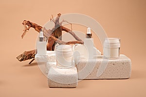 Luxury Skincare Products Displayed on Textured Stone and Driftwood photo