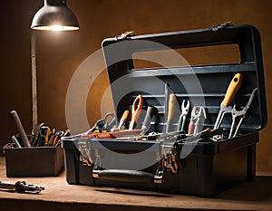 Toolbox Filled with Assorted Tools on Dark Background