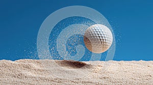 A stunning image of Golf Ball Floating Over Sand on Blue Backdrop,Sport ,BeachGolf.
