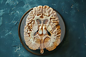 High Resolution Image of a Human Brain Model on a Black Plate Against a Deep Blue Background