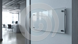 A stunning image of mock up of a blank glass nameplate design is shown in this 3D rendering. The signplate is photo
