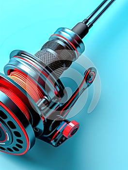 High Resolution Image of Modern Fishing Reel Equipment on Blue Background, Angling Gear Close Up photo