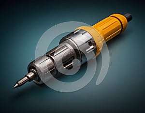 Yellow and Black Multi-Bit Screwdriver with Interchangeable Tips on Dark Background