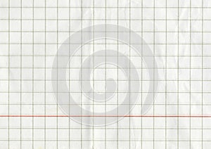 High resolution large image of a white uncoated checkered graph paper scan wrinkled weathered thin textbook paper with one red