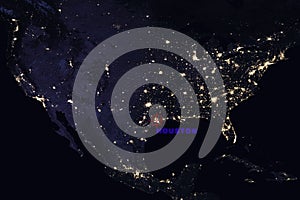 High Resolution Map Composition of USA at night pinpointing Houston, Texas - Elements of this image furnished by NASA.