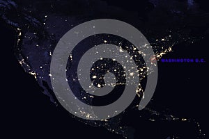 High Resolution Map Composition of USA at night pinpointing Washington, D.C. - Elements of this image furnished by NASA photo