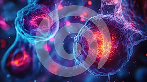 High-Resolution Microscopic Image of Cells with Vibrant Blue and Red Hues, Highlighting Nucleus and Cellular Structures