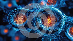 High-Resolution Microscopic Image of Cells with Vibrant Blue and Red Hues, Highlighting Nucleus and Cellular Structures