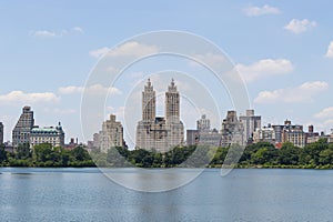 High resolution panorama of the Central Park West skyline and the Jacqueline Kennedy Reservoir in New York City with apartment