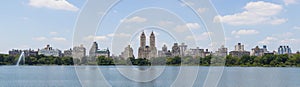 High resolution panorama of the Central Park West skyline and the Jacqueline Kennedy Reservoir in New York City with apartment